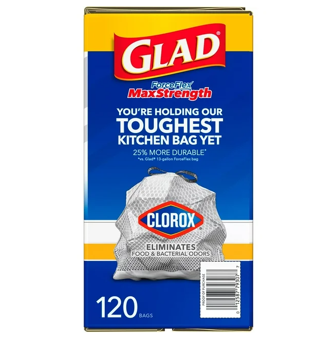 Glad ForceFlex Tall Kitchen Trash Bags With Clorox, Lemon Fresh Bleach Scent 13 gal., 120 ct.
