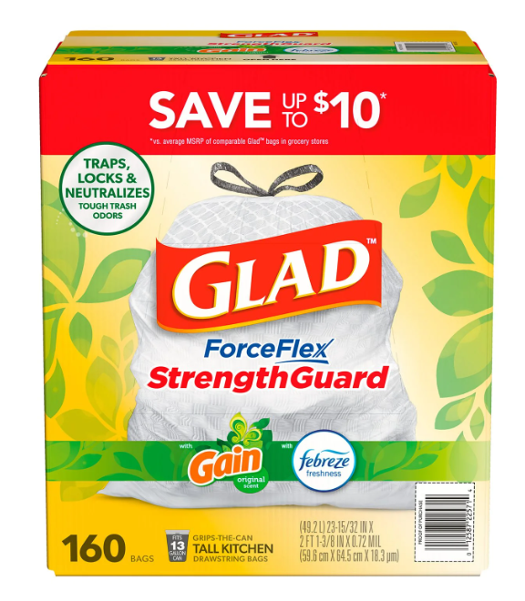 Glad ForceFlex 13-Gallon Kitchen Trash Bags, Gain Original Scent + Febreze, 160 ct.