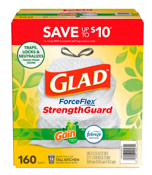 Glad ForceFlex 13-Gallon Kitchen Trash Bags, Gain Original Scent + Febreze, 160 ct.