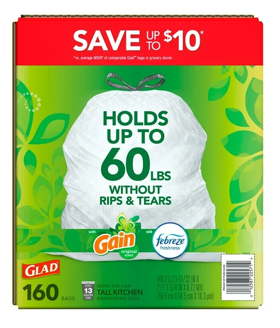Glad ForceFlex 13-Gallon Kitchen Trash Bags, Gain Original Scent + Febreze, 160 ct.