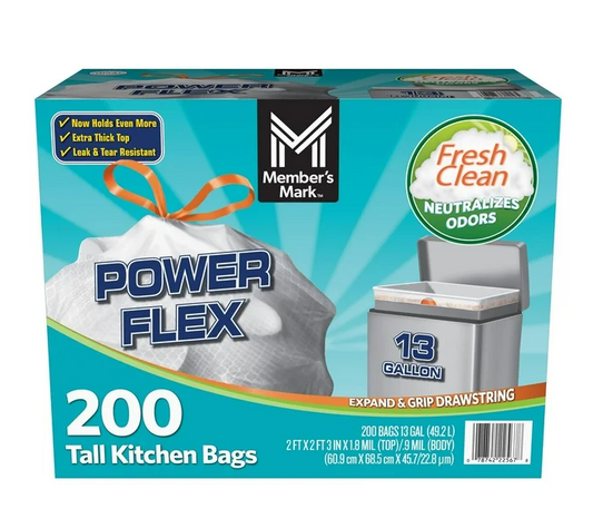 Member's Mark Power Flex 13-Gallon Tall Kitchen Trash Bags, Fresh Scent, 200 ct.