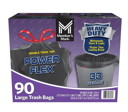 Member's Mark Power Flex 33-Gallon Large Trash Bags, 90 ct.
