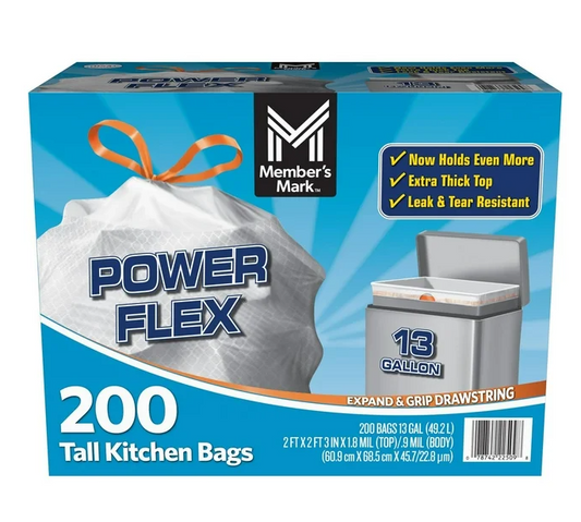 Member's Mark Power Flex 13-Gallon Tall Kitchen Trash Bags, 200 ct.