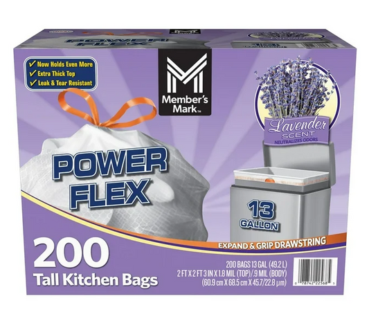 Member's Mark Power Flex 13-Gallon Tall Kitchen Trash Bags, Lavender, 200 ct.