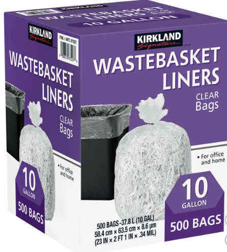 Kirkland Signature 10-Gallon Wastebasket Liner, Clear, 500-count
