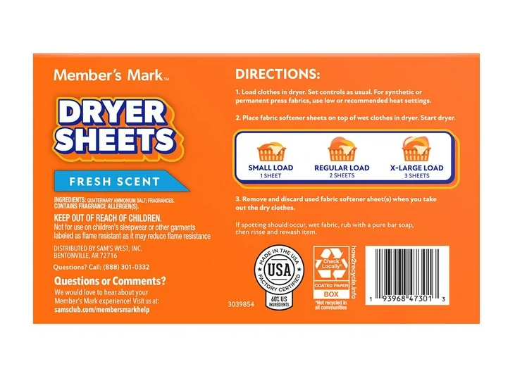 Member's Mark Fabric Softener Dryer Sheets, Fresh Scent, 480 ct.