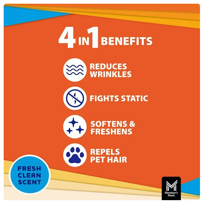 Member's Mark Fabric Softener Dryer Sheets, Fresh Scent, 480 ct.