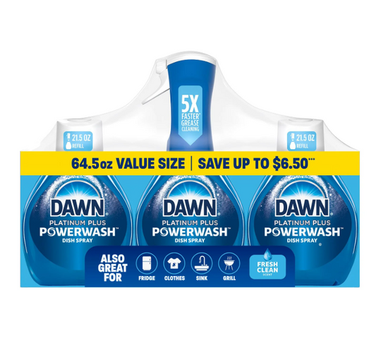 Dawn Platinum Plus Powerwash Dish Spray Bottle Set, Fresh Scent, 1 Spray Bottle + 2 Refills, 64.5 fl. oz.